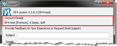 GP4 Account details on Support dialog